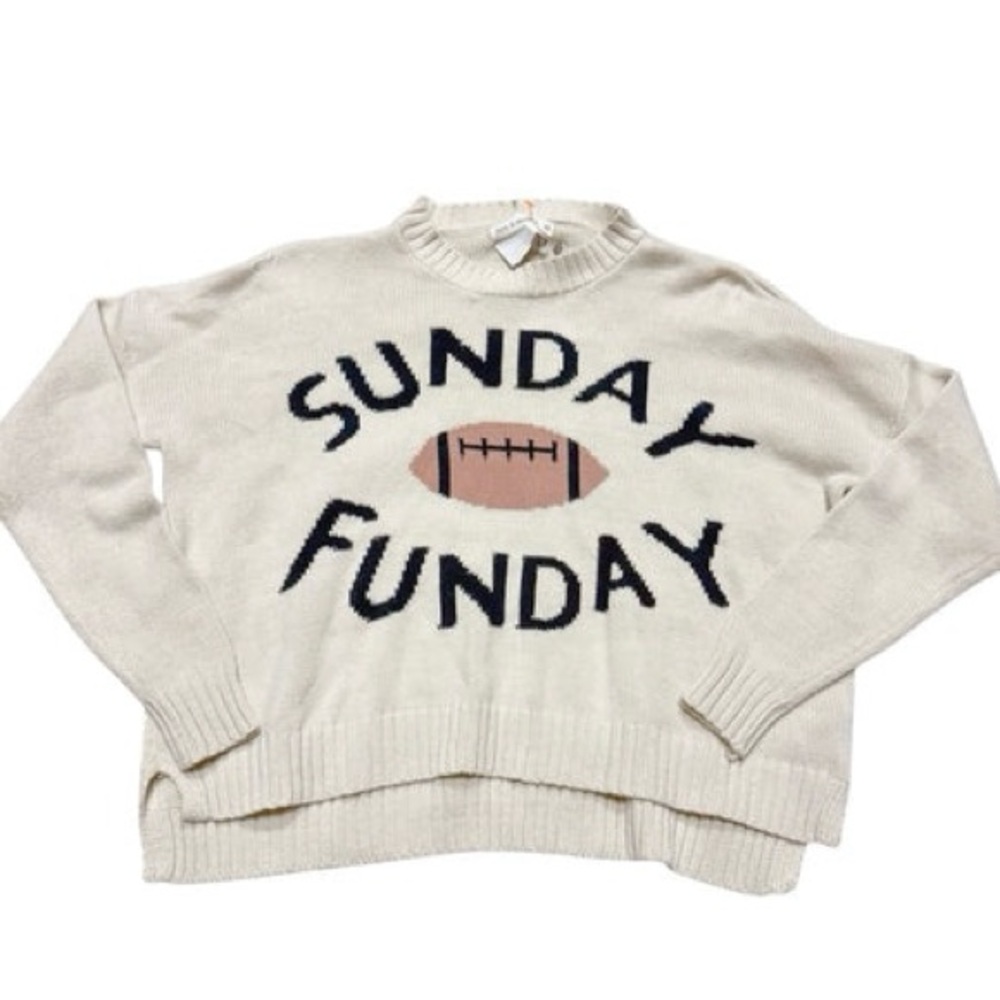 Moon + Madison NWT Sunday Funday Football Cream Tan Graphic Sweater Womens Sz L